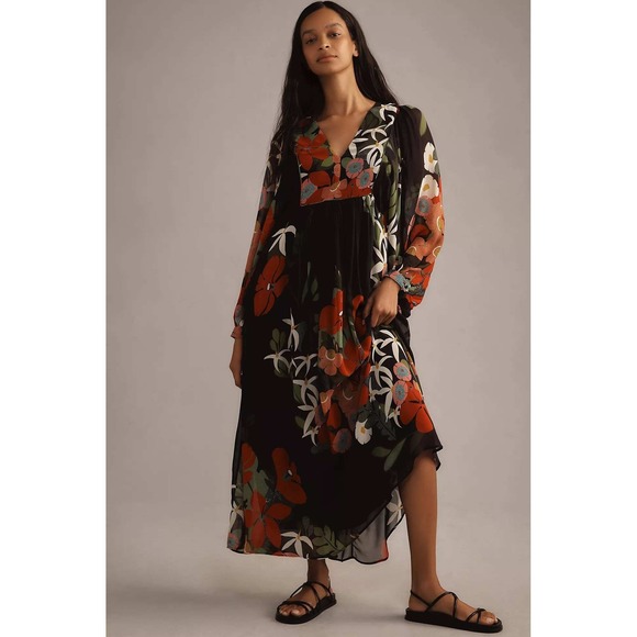 Farm Rio Anthropologie Floral Maxi Dress Black Red VNeck Long Sleeve Small Boho - Picture 2 of 16